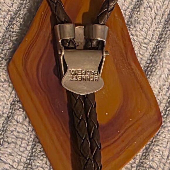 Vintage Metal Bolo Tie, Bennett, Nice Big Brown Stone Design with Stripes, Nice - Picture 5 of 7